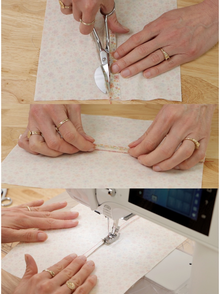 flat felled seam construction showing trimmed allowances and final topstitching