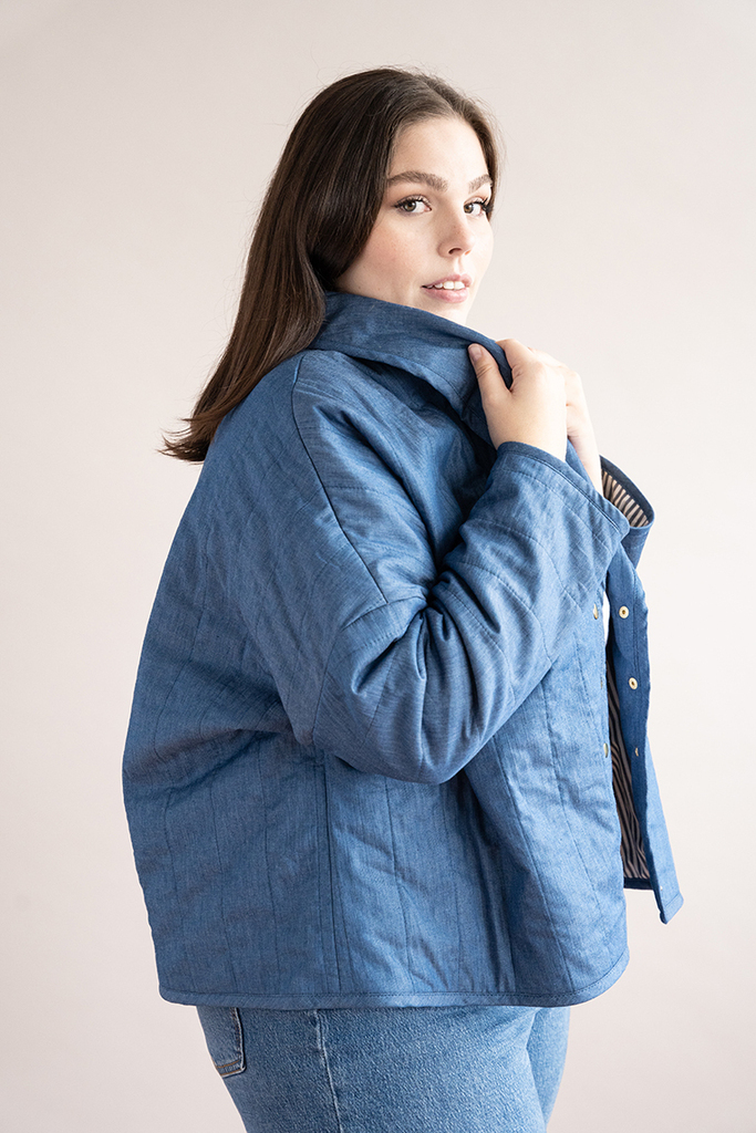 Model wearing a quilted jacket made from the Easton pattern