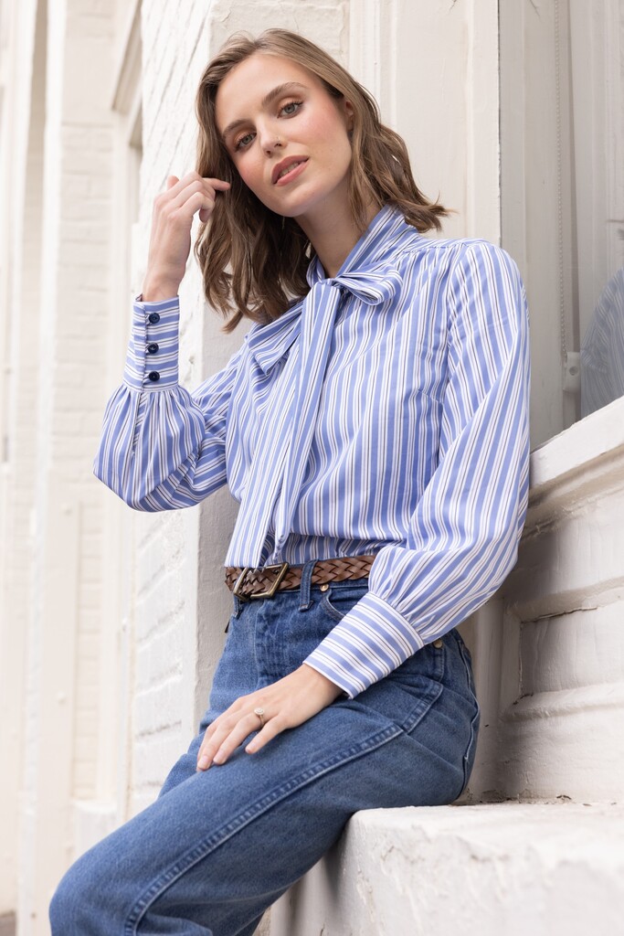 Woman modeling striped Garnet blouse