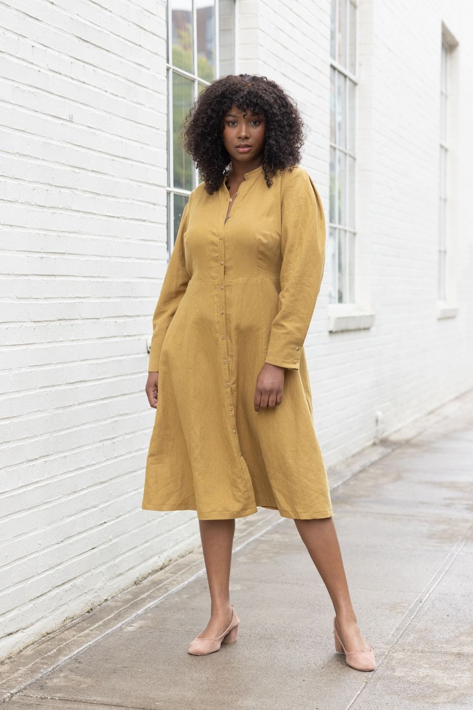 Woman modeling yellow Brom dress